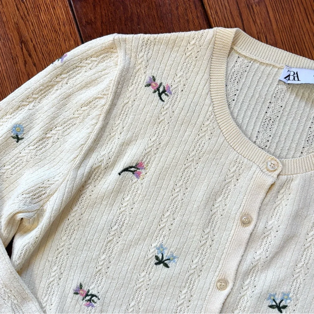 Zara Floral Embroidered Pointelle Knit Cardigan in Butter Yellow - Picture 7 of 10